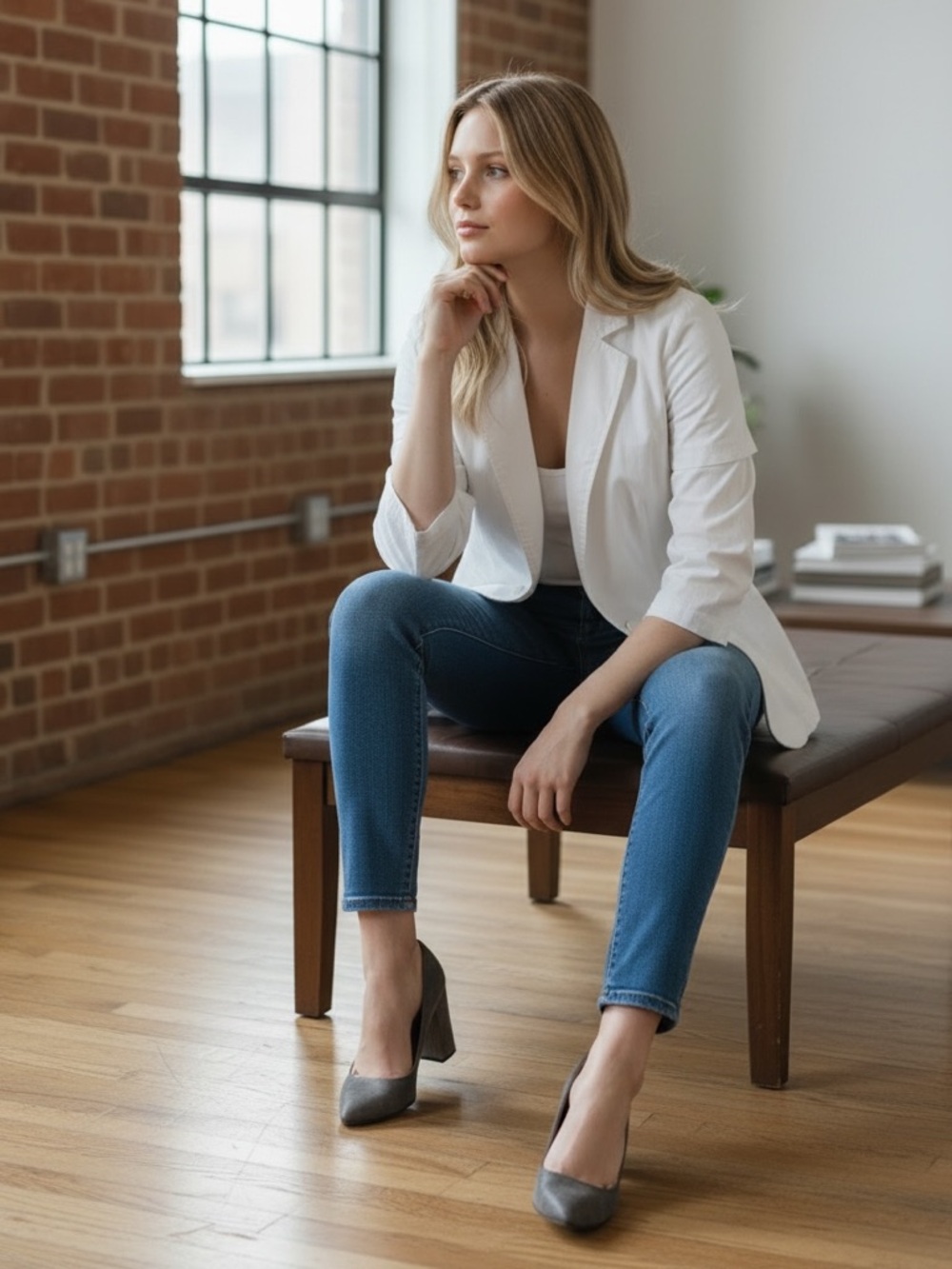 Worth New York White Blazer8 Layered 3/4 Knit Sleeve Stretch Cotton Casual Chic